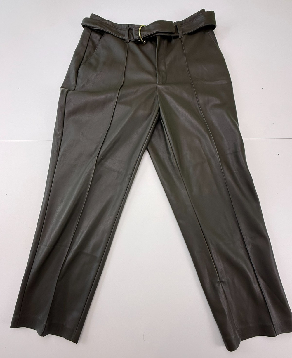 Marc New York Womens 6 Dark Olive Faux Leather Cropped Pants Belted NWT